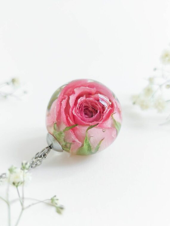 Real Rose Resin Necklace - Pink Floral Jewelry