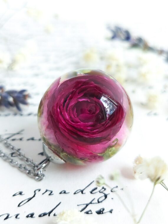 Purple Real Rose Pendant Necklace in Eco Friendly Resin