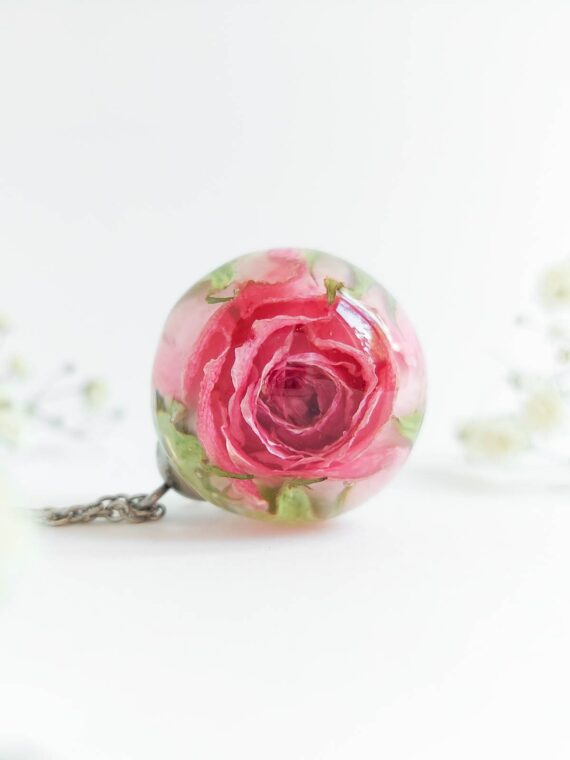 Real Rose Resin Necklace - Pink Floral Jewelry
