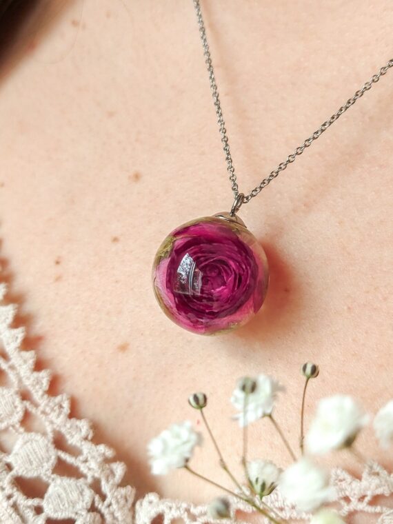 Purple Real Rose Pendant Necklace in Eco Friendly Resin