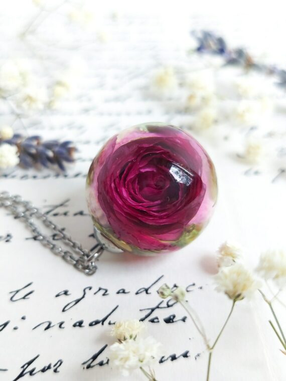 Purple Real Rose Pendant Necklace in Eco Friendly Resin
