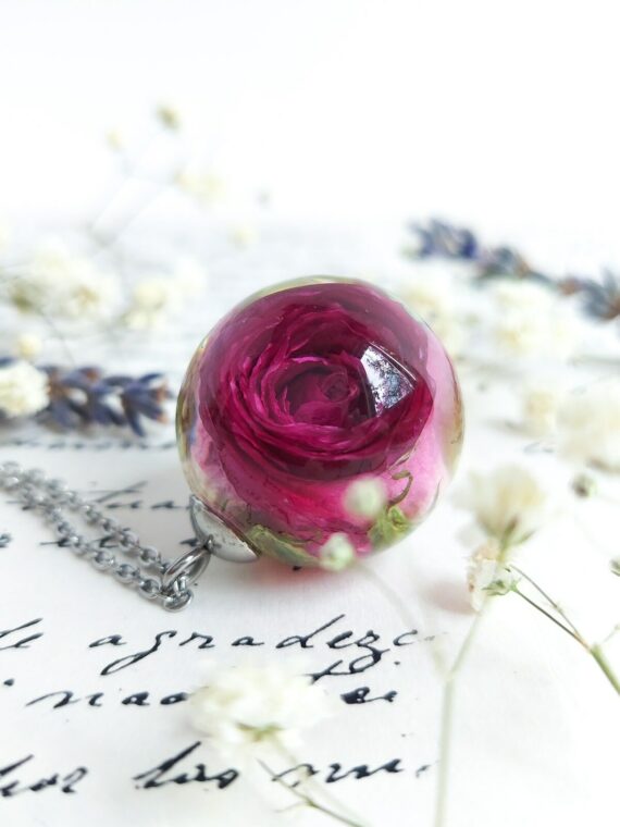 Purple Real Rose Pendant Necklace in Eco Friendly Resin