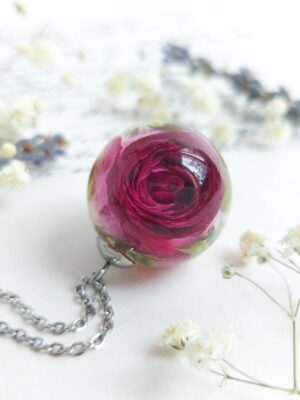 Purple Real Rose Pendant Necklace in Eco Friendly Resin