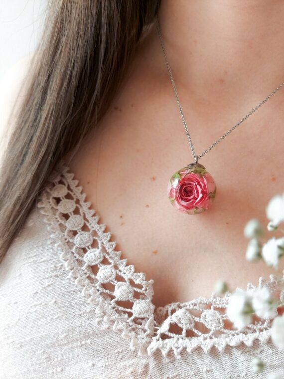 Real Rose Resin Necklace - Pink Floral Jewelry