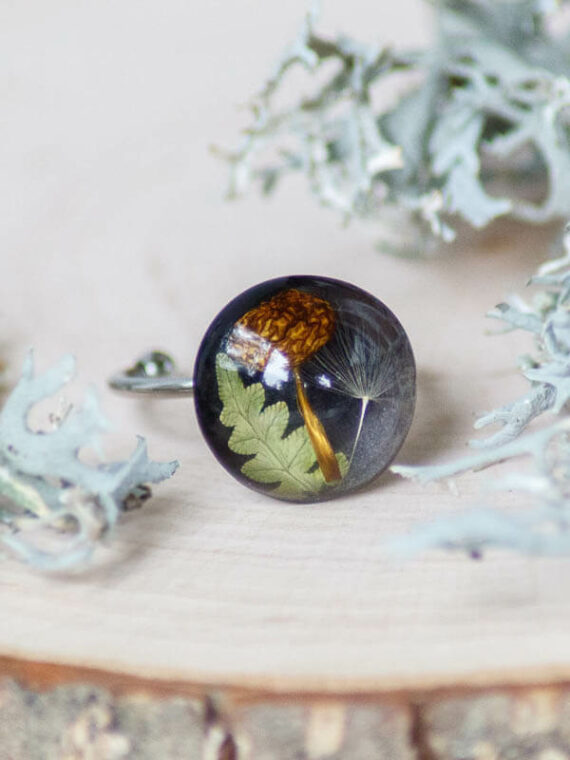 Real Mushroom Adjustable Ring with Fern and Dandelion Seed