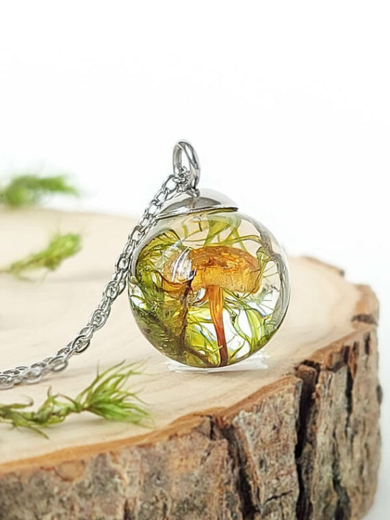 Tiny Mushroom Charm Necklace with Green Moss for Nature Lover