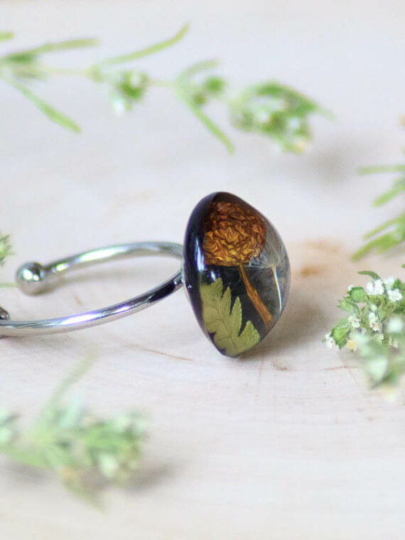 Real Mushroom Adjustable Ring with Fern and Dandelion Seed