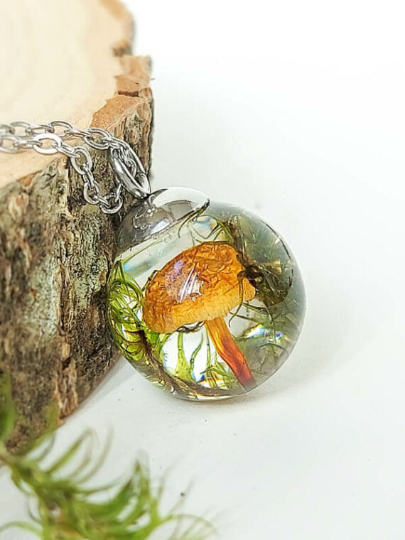 Tiny Mushroom Charm Necklace with Green Moss for Nature Lover