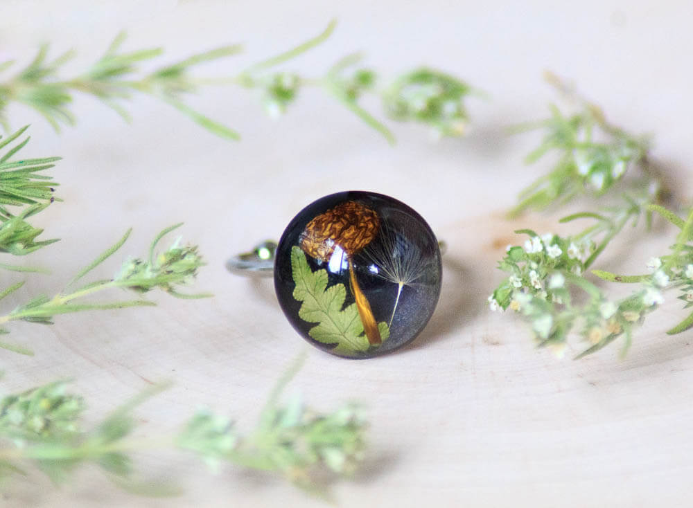 Real Mushroom Adjustable Ring with Fern and Dandelion Seed