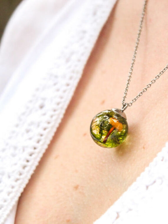 Tiny Mushroom Charm Necklace with Green Moss for Nature Lover