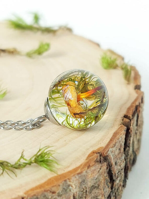 Tiny Mushroom Charm Necklace with Green Moss for Nature Lover