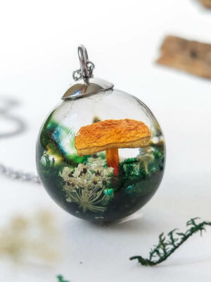 Fairytale Mushroom Necklace with Dried Flower and Green Moss
