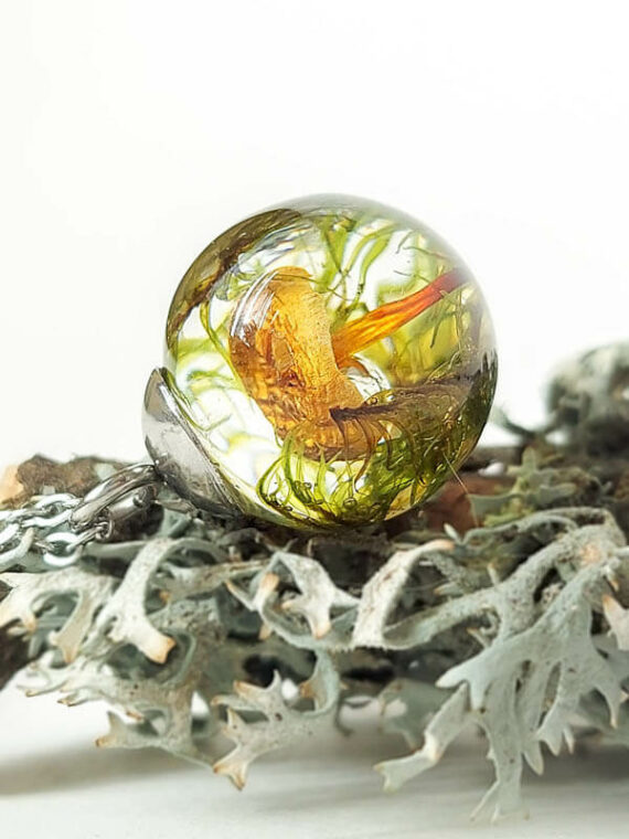 Tiny Mushroom Charm Necklace with Green Moss for Nature Lover