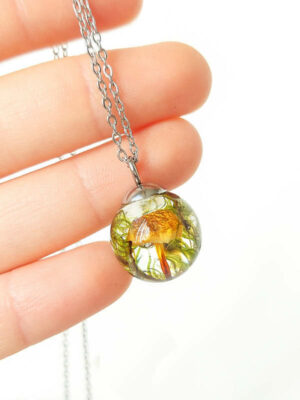 Tiny Mushroom Charm Necklace with Green Moss for Nature Lover