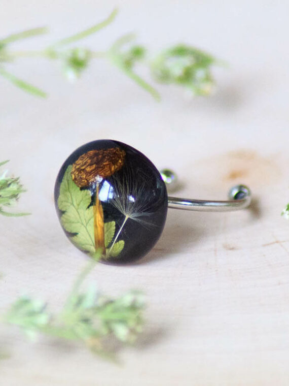 Real Mushroom Adjustable Ring with Fern and Dandelion Seed