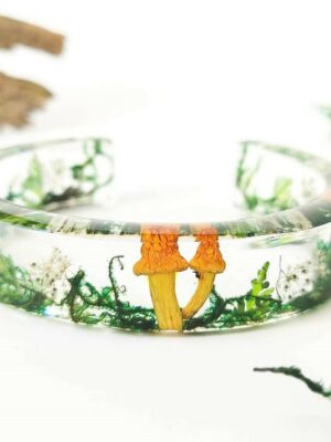 Cuff Bangle Bracelet with Real Mushroom in Resin for Nature Lovers