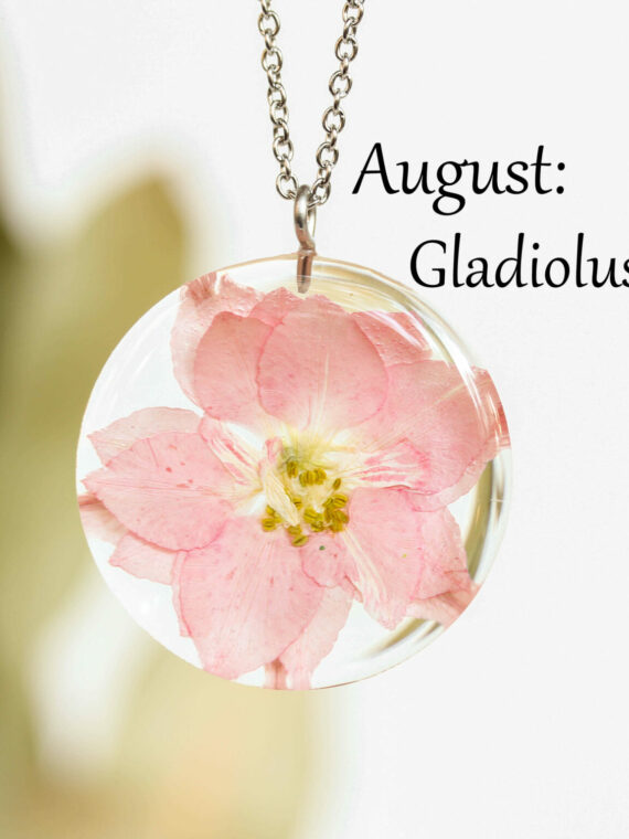 August Birth Flower Necklace - Pressed Gladiolus Jewelry in Resin