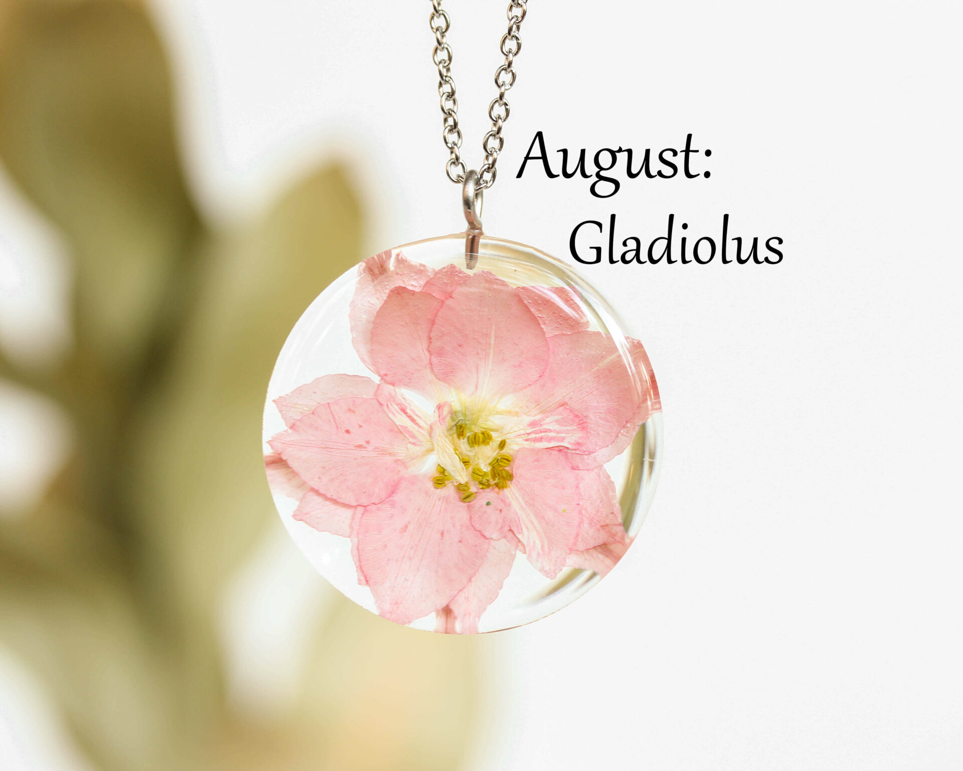 August Birth Flower Necklace - Pressed Gladiolus Jewelry in Resin