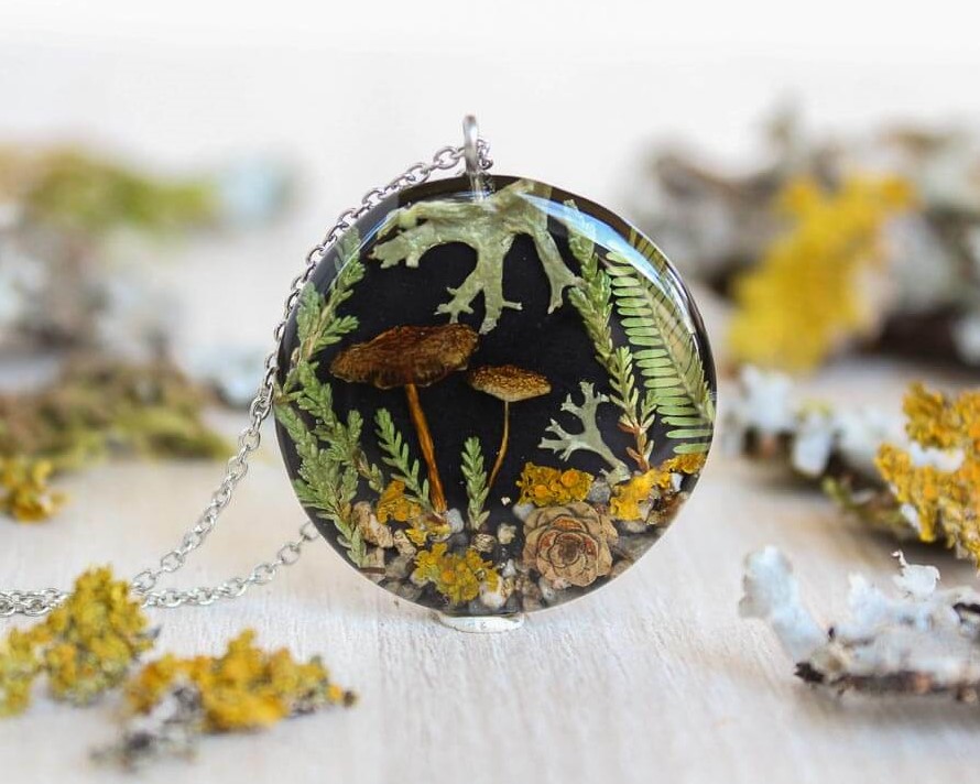 Mushroom Necklace with Real Plants - Jewelry Inspired by Nature