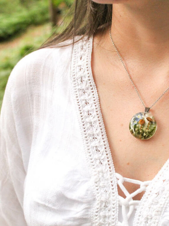 Dried Mushroom Necklace with Pressed Flower and Green Leaf