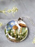 Dried Mushroom Necklace with Pressed Flower and Green Leaf