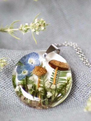 Dried Mushroom Necklace with Pressed Flower and Green Leaf