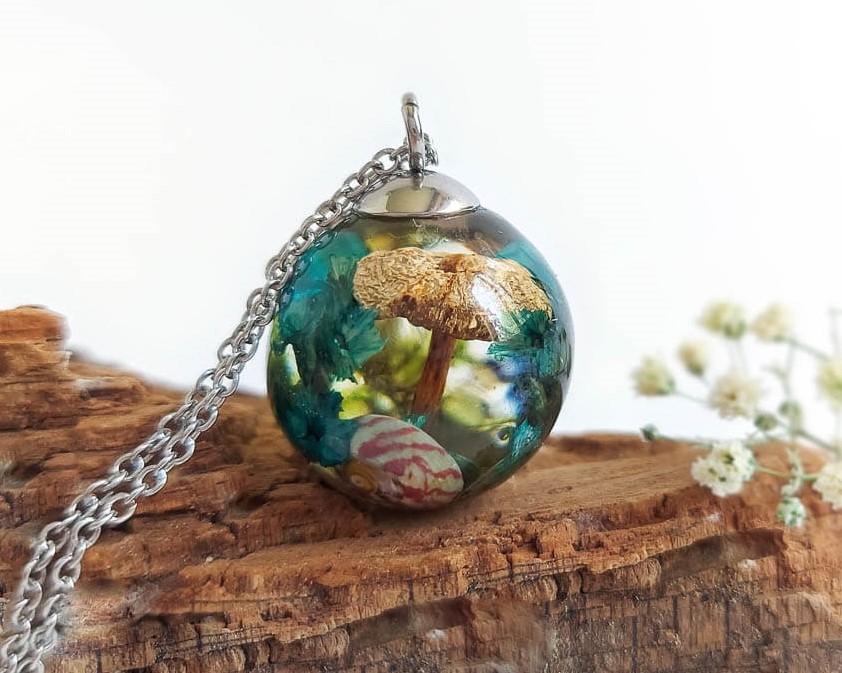 Magic Mushroom Necklace with Blue Flower Necklace in Resin