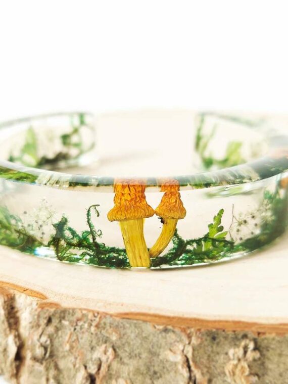 Cuff Bangle Bracelet with Real Mushroom in Resin for Nature Lovers