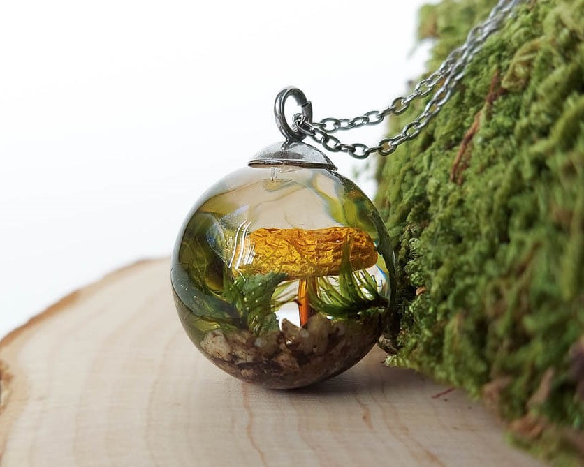 Woodland Inspired Necklace with Dried Mushroom and Moss