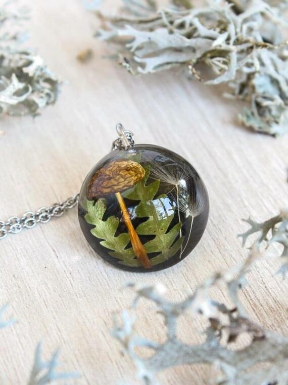 Minimalist Mushroom Pendant with Real Fern And Dandelion Seed