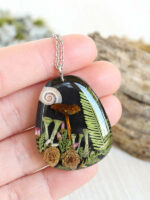 Forest Necklace with Real Mushroom, Leaf and Pixie Cup Lichen