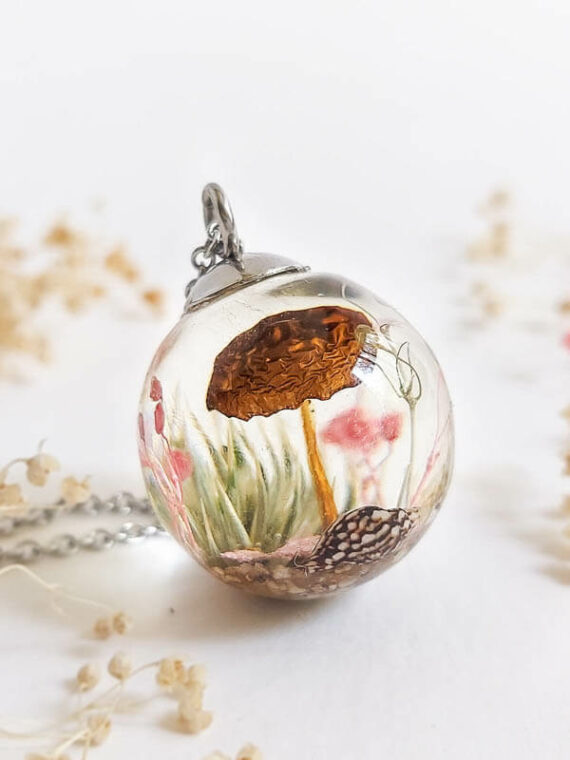 Real Mushroom Pendant in Crystal Clear Resin with Thistle Flower