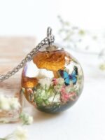 Terrarium Mushroom Necklace with Wildflower and Butterfly