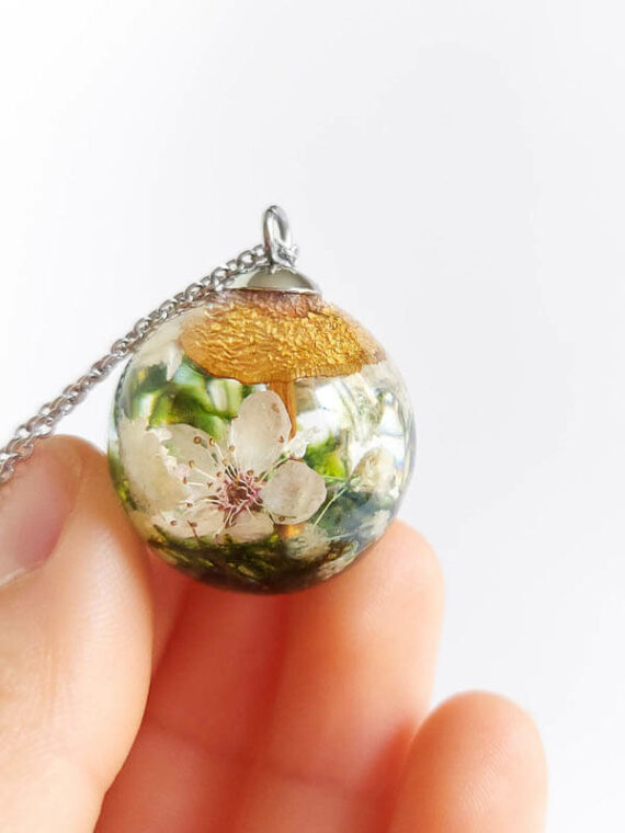 Floral Terrarium Necklace with Real Mushroom and Flower