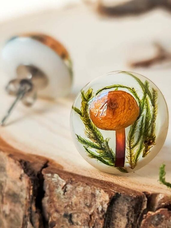 Handmade Forest Earrings Studs with Real Mushrooms and Plants