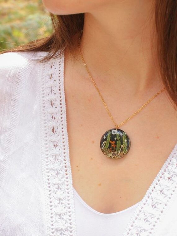 Aesthetic Mushroom Necklace with Real Lichen, Leaf and Pinecone