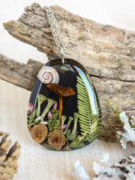 Forest Necklace with Real Mushroom, Leaf and Pixie Cup Lichen