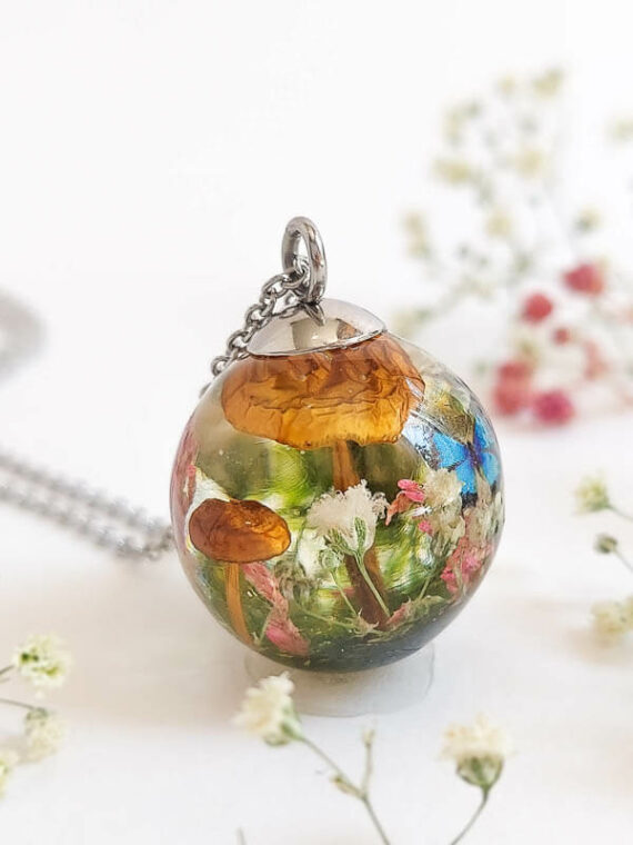 Terrarium Mushroom Necklace with Wildflower and Butterfly