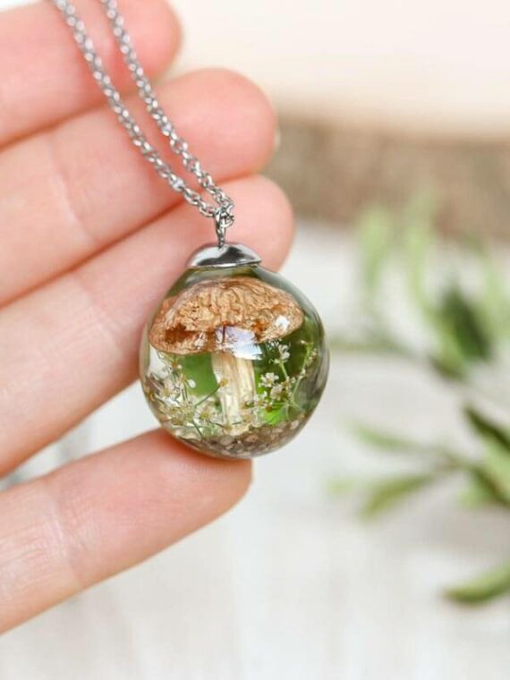 Mushroom Terrarium Necklace with Real Flower and Leaf in Resin