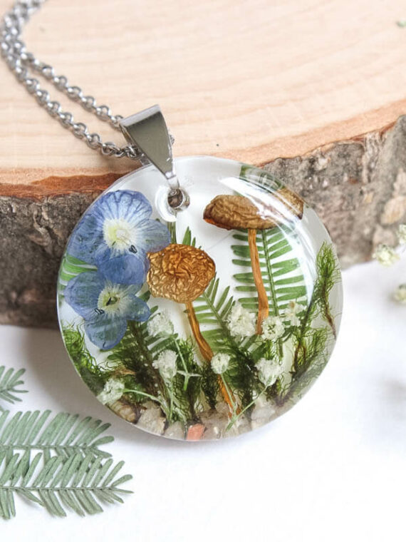 Nature Inspired Necklace with Real Mushroom, Flower and Leaf