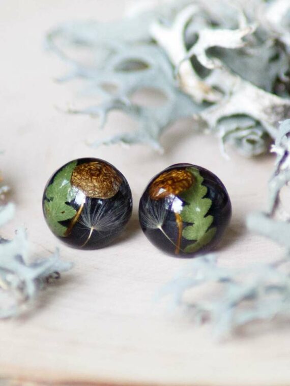 Small Black Stud Earrings with Mushroom, Fern and Dandelion Seed
