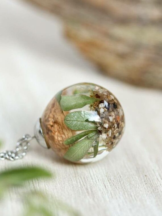 Mushroom Terrarium Necklace with Real Flower and Leaf in Resin