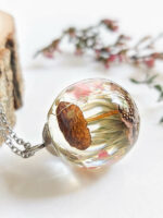 Real Mushroom Pendant in Crystal Clear Resin with Thistle Flower