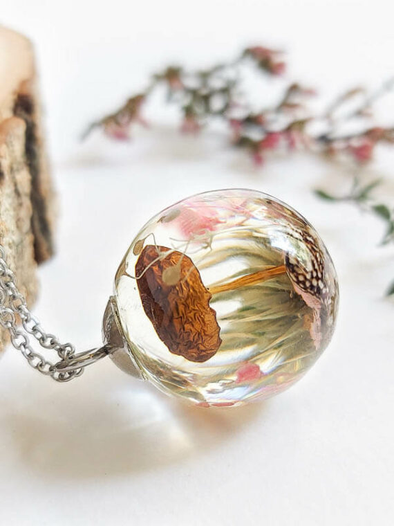 Real Mushroom Pendant in Crystal Clear Resin with Thistle Flower