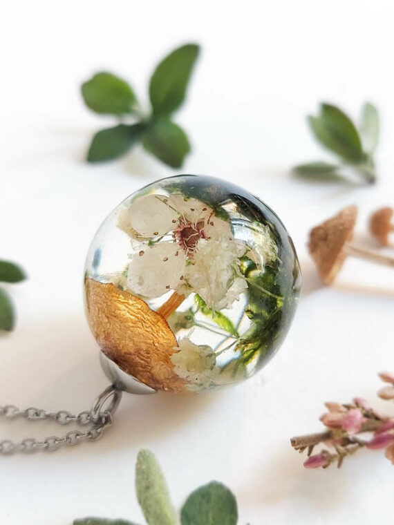 Floral Terrarium Necklace with Real Mushroom and Flower