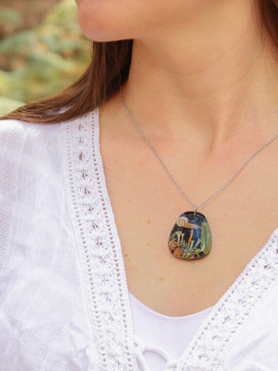 Cottagecore Mushroom Necklace with Real Plants and Pinecone