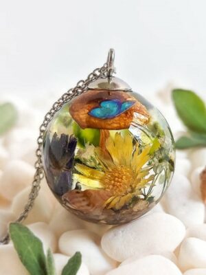 Dried Mushroom Garden Necklace with Wildflowers in Resin