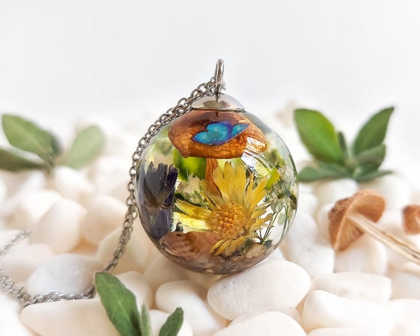 Dried Mushroom Garden Necklace with Wildflowers in Resin