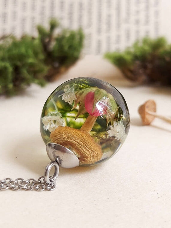 Real Fungi Necklace with Tiny Rose – Terrarium Resin Necklace