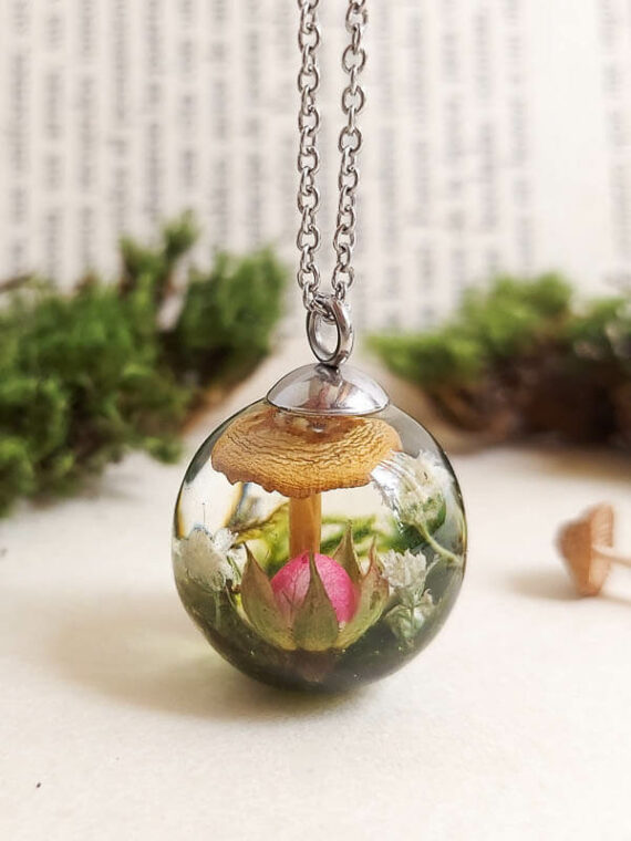 Real Fungi Necklace with Tiny Rose – Terrarium Resin Necklace